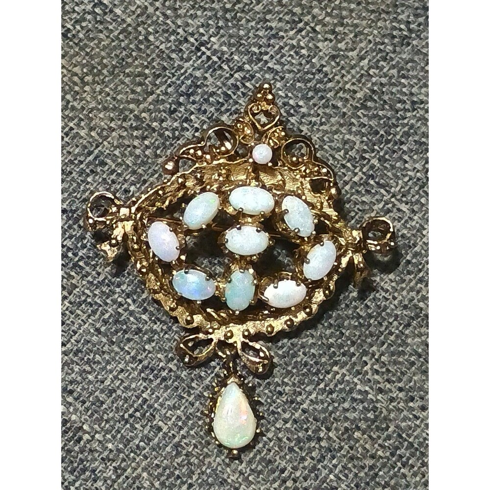 Opal Sterling Silver Open Work Gold Vermeil Vintage Brooch Pendant Tested